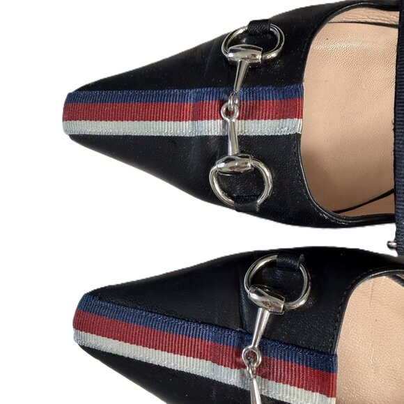 Gucci Malaga Black Kid Web Horsebit Low Heel Slingback Pumps Sz 36.5 - Picture 8 of 14